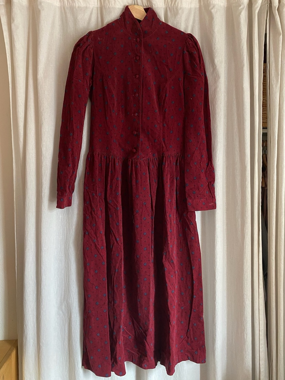 Laura Ashley Burgundy Long-Sleeve Midi Dress with High Neck